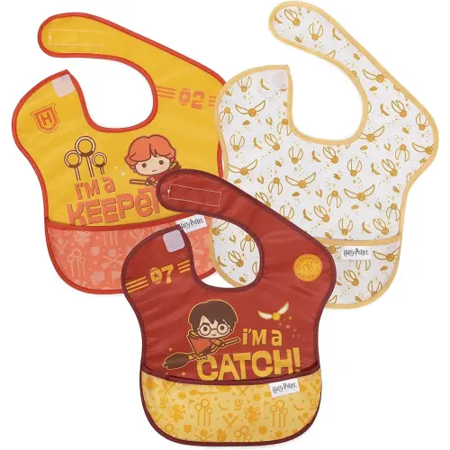 Bumkins Bibs for Girl or Boy, SuperBib Baby and Toddler for 6-24 Months, Essential Must Have for Eating, Feeding, Baby Led Weaning, Mess Saving Waterproof Soft Fabric, 3-pk Harry Potter Quidditch