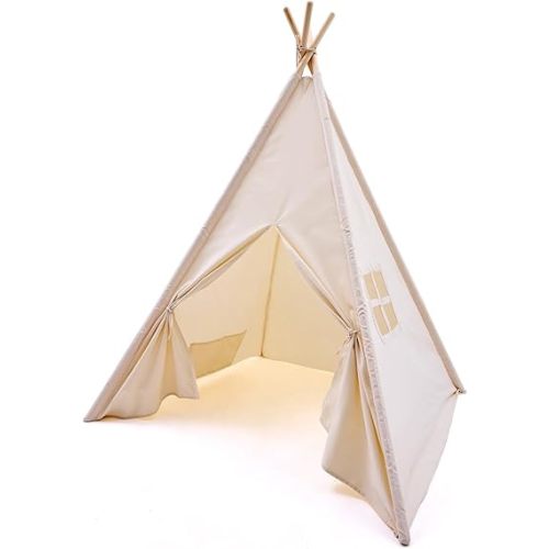 Kids Play Teepee Tent with Carry Bag 43 x 43 x 63 Inch, Natural Cotton Canvas + Pine Wood Frame