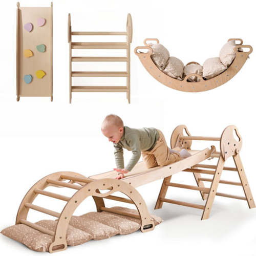 4in1 Montessori Climbing Set: Pikler Triangle, Arch, Slide Board, and Cushion for Toddlers (1–3 Years)
