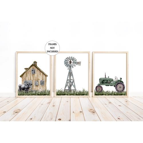 Barnyard Rustic Farm Nursery Decor Set of 3 Unframed Farmhouse Prints Watercolor Barn Green Tractor Windmill