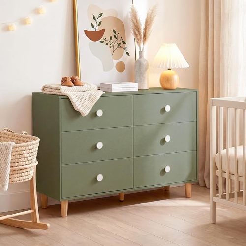 Baby Dresser for Bedroom, Modern 6 Drawer Dresser for Nursery, Kids Dresser with Solid Wood Legs, Large Closet Dresser for Clothes, Chest of Drawers, Green