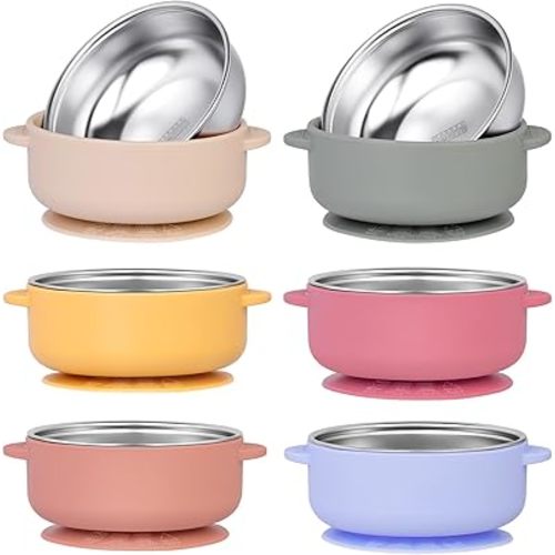 6 Pack 304 Stainless Steel Baby Bowls with Removable Non-Slip Silicone Shell, Suction Bowls for Baby, Scald-Resistant Food Containers, for Kids, Babies Food Feeding(6 Colors)