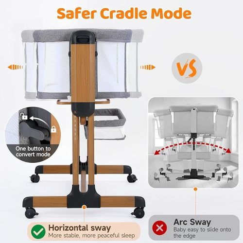 Ezebaby Baby Bassinet, Rocking Bassinet for Baby, Bedside Bassinet with Wheels,Storage Basket,Adjustable 7 Heights and All Mesh Sides, Portable Baby Bassinets Bedside Sleeper for Newborn Infant - Wooden Gray