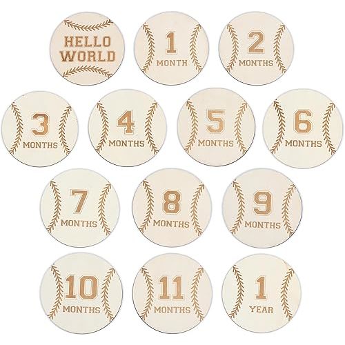 Baby Monthly Milestone Cards - Wooden Monthly Milestone Discs - Newborn Photography Props to Document Your Baby´s Growth - Baby Announcement Sign (Baseball Card)