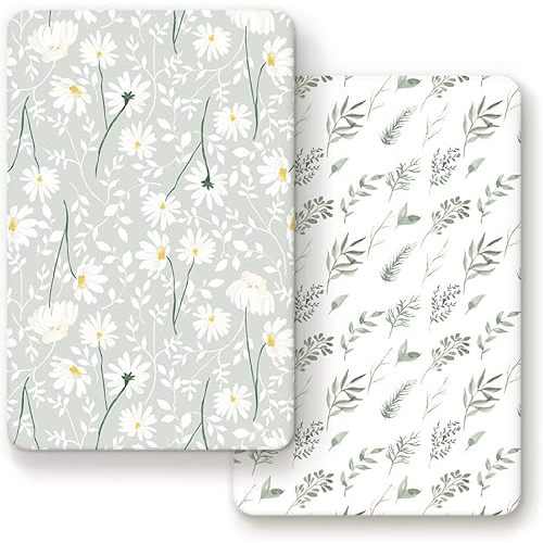 GRSSDER Stretchy Ultra Soft Jersey Knit Fitted Pack n Play Sheets Set 2 Pack, Universal Fitted Portable Pack and Play/Mini Cribs Sheets for Girls, Stylish Watercolor Daisy Flower