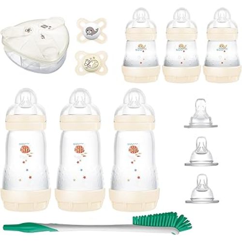 MAM Baby’s First Gift Set, 0+ Months, 5oz and 9oz Anti-Colic Bottles with Self-Sterilization, SkinSoft Silicone Nipples and Pacifiers, Dishwasher Safe Formula Dispenser and Bottle Brush, Unisex