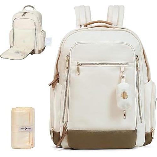miss fong Diaper Bag Backpack - Baby Diaper Bag with Diaper Bag Dispenser Mommy Bag Diaper Backpack with 16 Pockets Large Capacity Travel Diaper Bag Baby Shower Gifts for Mom & Dad-Off-White