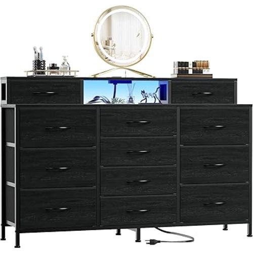 Furnulem 55" W Dresser for Bedroom with LED Lights and Power Outlets,Black Large 12 Storage Drawers Long Fabric Chests Dressers with 2 Shelves for Closet,Living Room,Entryway,Wooden Top,Metal Frame