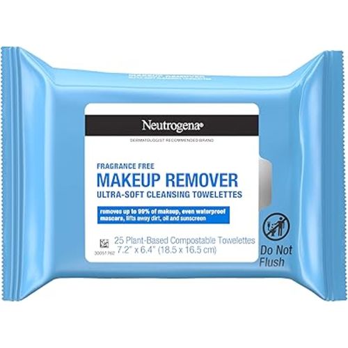 Neutrogena Fragrance-Free Makeup Remover Wipes, Daily Facial Cleanser Towelettes, Gently Removes Oil & Makeup, Alcohol-Free Makeup Wipes, 25 ct
