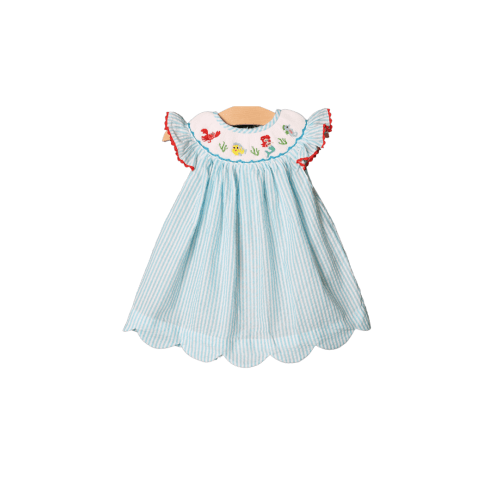 Smocked Mermaid Aqua Seersucker Dress