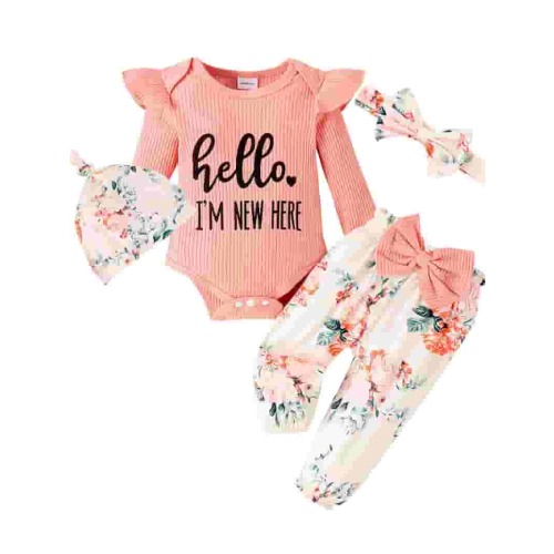ENFLASH Hello I'M New Here Newborn Outfit Baby Girl Going Home Outfit Ruffle Romper Top Floral Pants Set Cute Fall Winter Clothes