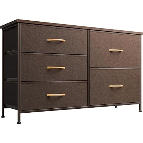 Nicehill Dresser for Bedroom with 5 Drawers, Storage Drawer Organizer, Wide Chest of Drawers for Closet, Clothes, Kids, Baby, TV Stand with Storage Drawers, Wood Board, Fabric Drawers（Brown）