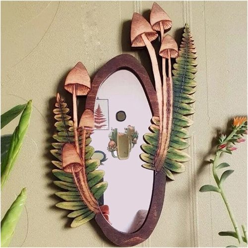 Wooden Mushroom Forest Mirror, Wall Hanging Decor Vintage
