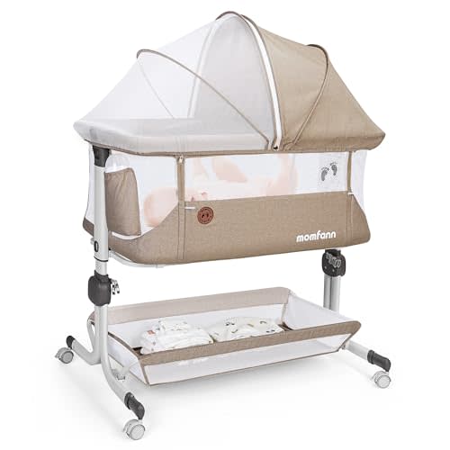 MOMFANN Baby Bassinet Bedside Sleeper, Upgraded Stability Bedside Crib with Full Mesh Sides, Soft Sheet, 6-Height Adjustment, Storage Basket, Easy Folding Portable Bassinet for Newborns,Camel
