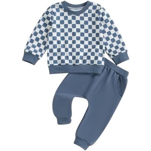 Toddler Baby Boy Girl Outfit Checkerboard Plaid Sweatshirt Pullover Tops Jogger Pants Fall Winter Clothing Set