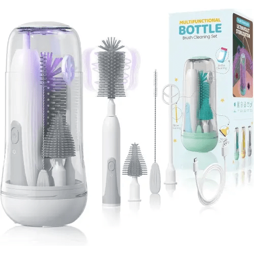Electric Travel Baby Bottle Brush Set with Storage Box, Automatic Bottle Cleaner Brush Kit with Silicone Bottle/Nipple/Straw Brush, Milk Frother Electric and Drainage Rack, Rechargeable, Gray
