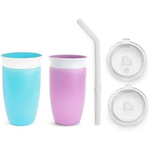 Munchkin Sippy Cups for Toddlers 1-3, Spill Proof Miracle 360 Cup with Straw and Open Sipper Lids, 10 Ounce, 5pc, Blue/Purple