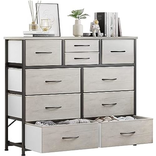 LUMTOK 10-Drawer Dresser, Fabric Storage Dresser Drawers for Bedroom, Hallway, Nursery, Closets, Steel Frame, Wood Top, Easy Pull Handle (Greige)