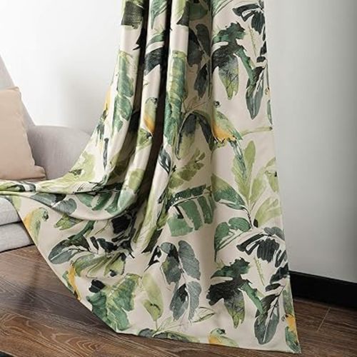 Leeva Linen Blackout Curtains for Dining Room, Thermal Insulated Trees Pattern Print Window Treatment Darkening Curtains for Living Room, Set of 2 Panels, Green, 52x63