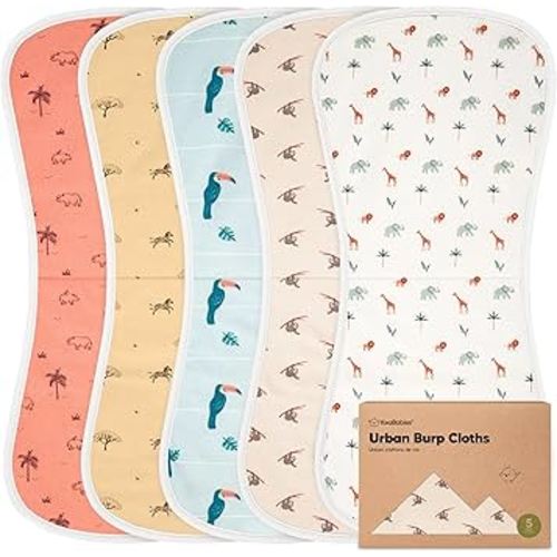 Organic Burp Cloths Baby Boy & Girl - 5-Pack Super Absorbent Cotton Burping Cloths for Babies, Soft & Plush Newborn Spit Up Rags, Infant Towels for Milk Spit Up, Unisex, Large 21" x 10" (Wildscape)
