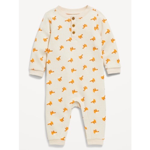 Printed Long-Sleeve Thermal-Knit Henley One-Piece for Baby