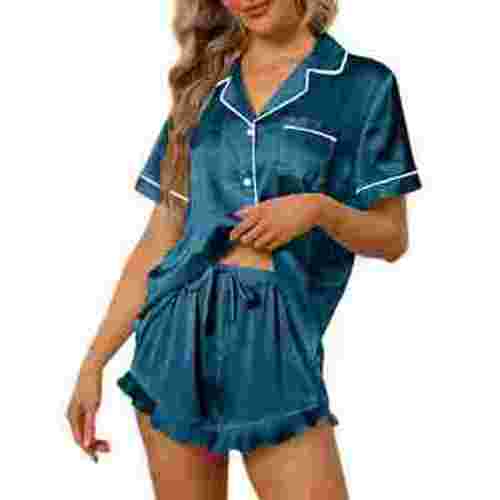 DAKIMOE Silk Pajamas for Women Short Sleeve Casual Satin Women Pj Sets with Ruffle Shorts Soft Sleepwear Loungewear, S-XXL