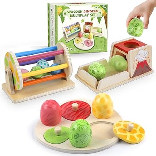 Montessori Wooden Baby Toy Dinosaur Egg Toy Set for 6+ Months, Spinning Drum, Object Permanence Box Ball Drop Toy, Stacking Matching Shape Puzzle Game Early Learning Gift for Toddlers 1 2 3 Year Old
