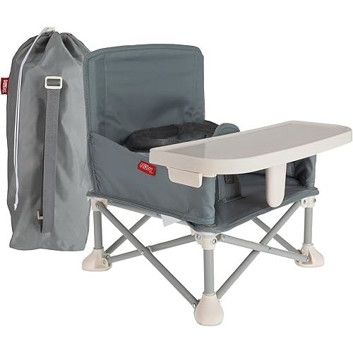 Nuby Easy Go Pop-Up Booster Seat with Removable Tray - 6+ Months - Portable Booster Seat for Floor for Indoor/Outdoor Use - 3-Point Safety Adjustable Straps - Includes Travel Bag - Gray