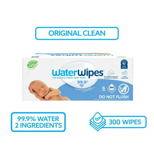 WaterWipes Original 99.9% Water Based Baby Wipes, Unscented, 6 Resealable Packs (360 Wipes) (Select for More Options)
