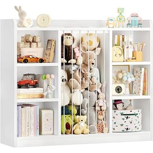 Toddler Stuffed Animal Zoo, Toy Storage Organizer for Playroom, Plush Toy Organizers and Storage, Book Shelf for Kids Rooms, Elastic Band Child Bookcase, Toy Shelf with 8 Storage Cubbies (White)