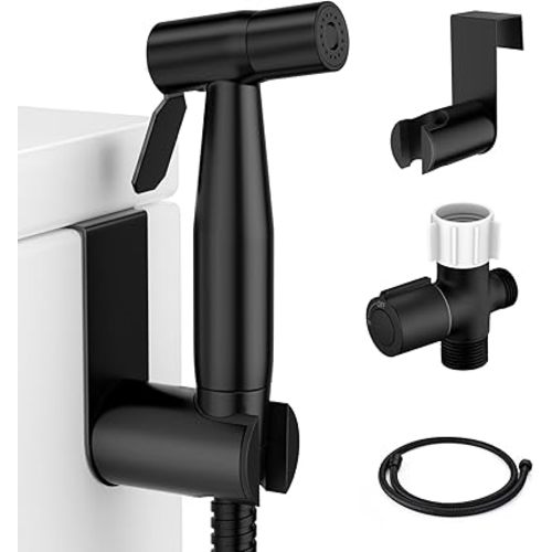 Black Bidet Sprayer for Toilet, Muslim Shower Handheld Jet Sprayer Adjustable Water Flow with Bidet Hose for Feminine Wash, Black Bidet Faucet Cloth Diaper for Baby Wash, Wall/Toilet Mount