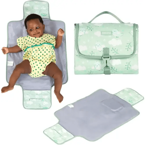 BabbleRoo Baby Changing Pad - Comfortable Portable Changing Pad, Compact, Fits in Any Diaper Bag - Lightweight and Soft with Cute Designs, Convenient Pockets, Extra Head Support – Sage Green Birdy