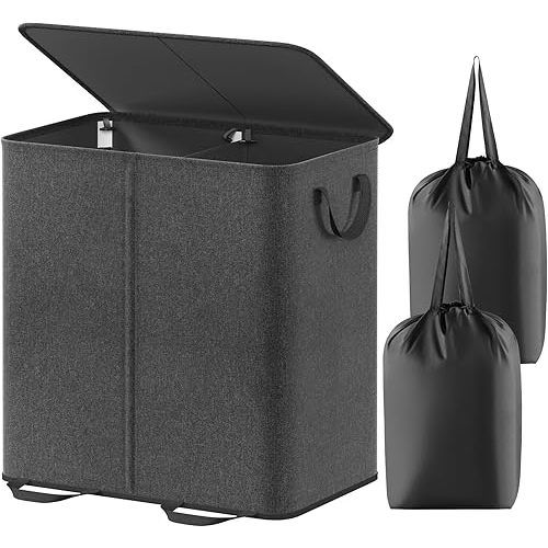 Lifewit Double Laundry Hamper with Lid and Removable Laundry Bags, Large Collapsible 2 Dividers Dirty Clothes Basket with Handles for Bedroom, Laundry Room, Closet, Bathroom, College, 136L Black