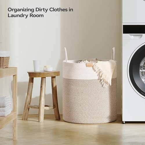 80L Laundry Hamper Basket,Baby Nursery Woven Storage Basket for Toys Bin,Pillows,Blankets,Clothes,Brown&White