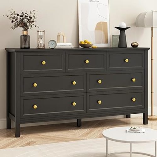 Black 7 Drawers Dresser for Bedroom, 55'' Large Wood Dresser with Gold Handles, Modern Wide Chest of Storage Drawers for Hallway, Living Room