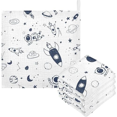 Space Rocket Muslin Baby Hand Washcloths, Soft Cotton Bath Face Towel, 4 Layers Extra Absorbent Feeding Burp Cloth for Newborn Infant, 5 Pack