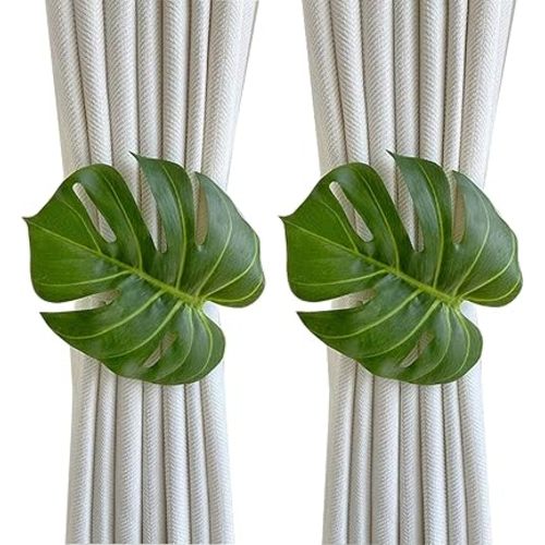 2pcs Monstera Leaf Curtain Tiebacks - Curtain Holdbacks Ties with Large Leaf Designs Adjustable Length Curtain Tie Holder for Drapes (Green Leaf)