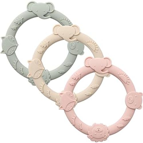 Silicone Teethers for Babies 0-6 6-12 Months Teething Toys for Infants Baby Chew Toys for Sucking Needs Baby Teething Rings for Infant Boys and Girls 3 Pack-Animal-Blush