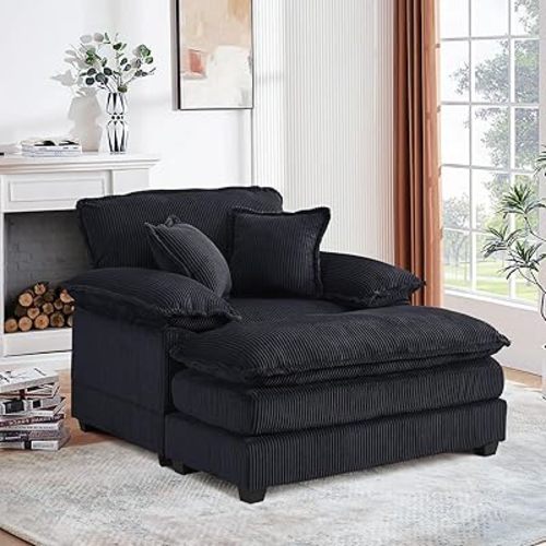 Oversized Chaise Lounge Chair Indoor with Ottoman, 46.9"W Corduroy Upholstered Modern Single Sofa Reading Chair, Deep Seat Comfy Sleeper Sofa Sectional Couch for Living Room / Bedroom / Office, Black