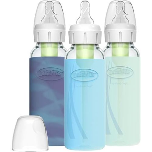 Dr. Brown's Natural Flow Anti-Colic Options+ Narrow Glass Baby Bottle, 8 oz/250 mL, with Silicone Bottle Sleeve, 3 Pack, Glow/Blue/Mint