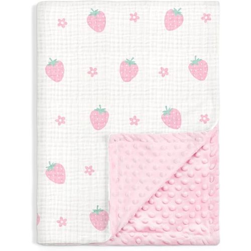Strawberry Baby Blankets for Girls, Soft Nursery Minky Blankets with Muslin and Dotted Fleece Back 30x40 inches, Receiving Bed Quilt for Newborn, Infants, Toddlers