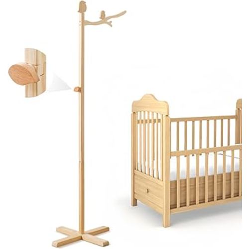 Floor Standing Crib Mobile Arm 57.8 Inch Wooden Baby Mobile Arm for Crib Movable Baby Mobile Hanger with Hook Anti-Dumping Baby Mobile Holder Floor Stand Nursery Decor