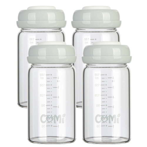 Comi Wide Neck Baby Glass Bottle, 6oz, BPA Free, Breastmilk Storage, Pump Compatibility, 4 Gray Lids
