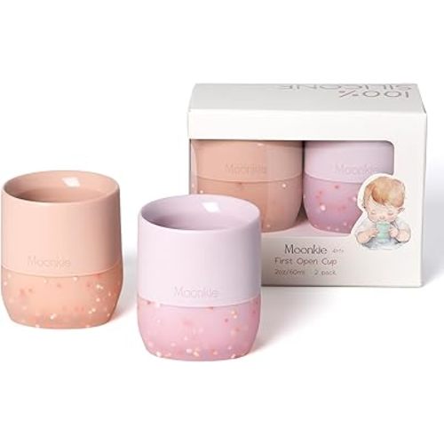 Moonkie Silicone Baby Cups 4 Months+ | Tiny Open Training Cups for Infants with Confetti Sprinkles | Baby-Led Weaning Essential | 2 oz (Blush/Soft Lilac, 2 Pack)