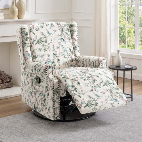 UIXE Swivel Glider Recliner Chair, High Back Nursery Rocker Floral Upholstered Armchair for Living Room, Manual Reclining Rivet Trim Sofa Lounge with Deep Seat in Fabric, Bird