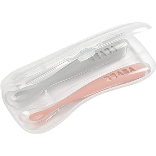 BEABA Baby's First Foods Spoon Set with Travel Case, Original Soft Silicone Baby Spoons, Baby Essentials, Travel Set, Rose + Cloud