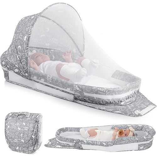 Portable Baby Lounger, Foldable Diaper Bag Babies Nest with 2-in-1 Detaches Mosquito Net & Canopy & Waterproof Pad, Travel Pod Rest Mat, Easy Setup and Storage Ideal for Outdoors Indoors (Gray)