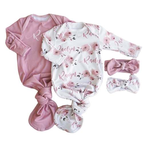 Millies Floral Personalized Newborn Baby Knot Gown