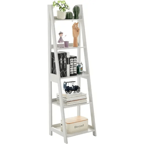 5 Tier Bookshelf Storage Ladder Shelf Flower Stand, Easy to Assemble, Real Wood HLLS01G (Light Grey)