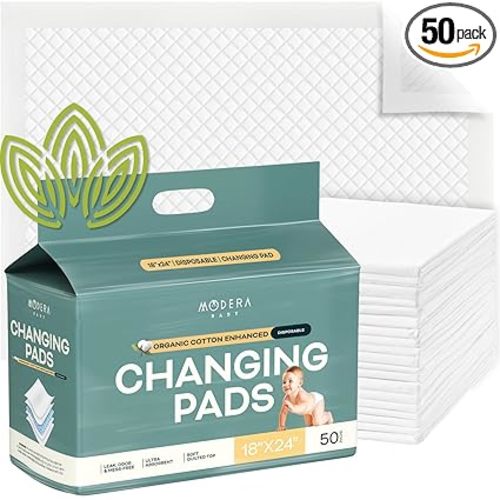 Organic Cotton Enhanced Disposable Changing Pad Liners | Large 18x24 Hypoallergenic Ultra Absorbent Waterproof Super Soft Quilted Underpads for Baby Diaper Table/Travel, Leak Proof, Mess Free 50-Pack